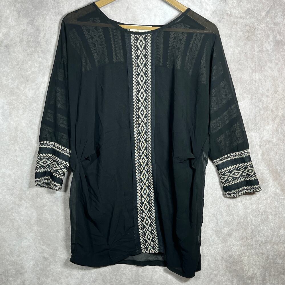 Anthropologie Staring At Stars Tunic Top Womens L Black Sheer‎ Embroidered Trim